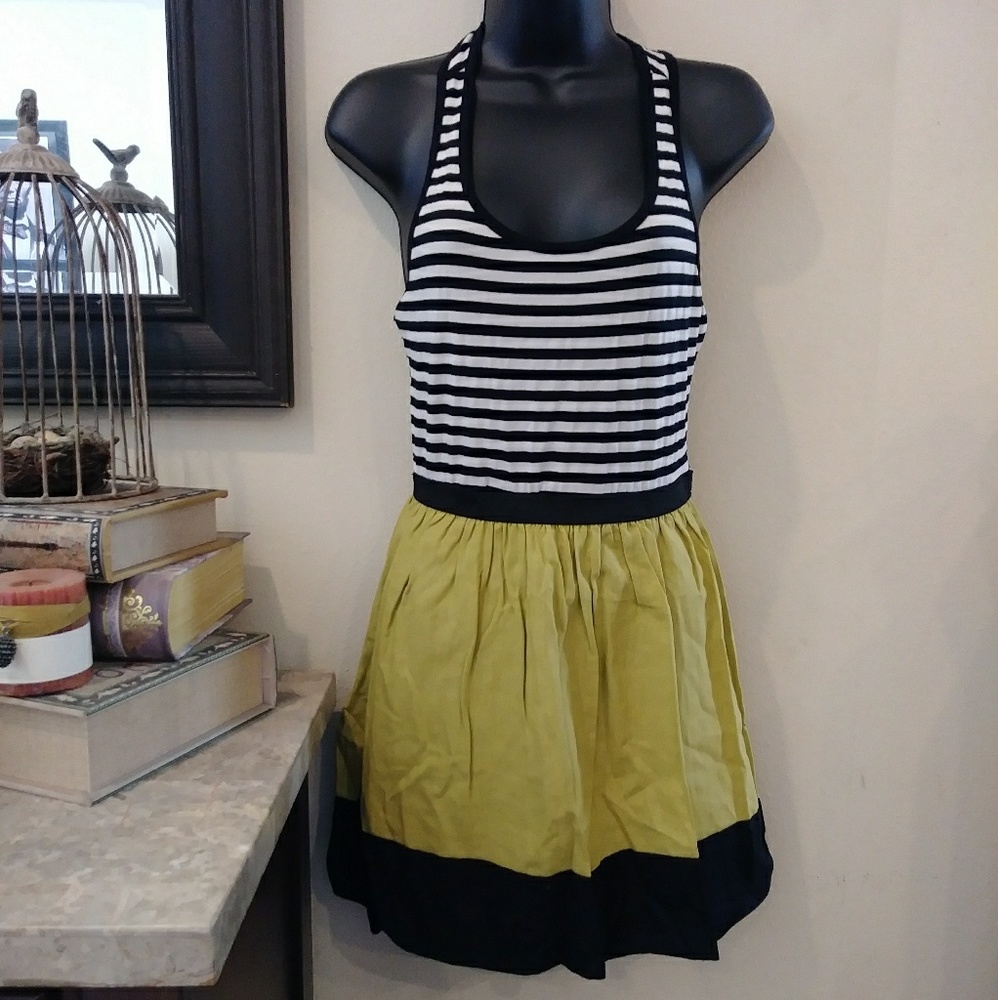 Racer back green black & white stripe skater dress